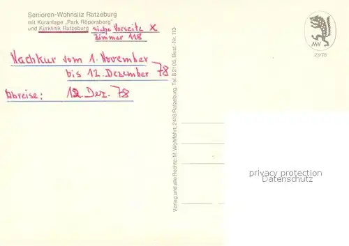 AK / Ansichtskarte Ratzeburg Senioren Wohnsitz Ratzeburg mit Kuranlage Park Roepersberg und Kurklinik Ratzeburg Ratzeburg