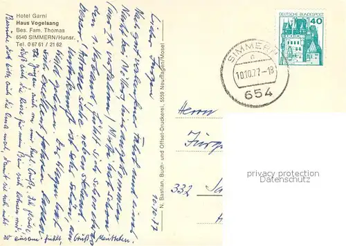 AK / Ansichtskarte Simmern_Hunsrueck Hotel Garni Haus Vogelsang Simmern Hunsrueck