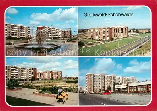 AK / Ansichtskarte Greifswald Neubaugebiet Schoenwalde Brunnen Hochhaeuser Sporthalle Greifswald