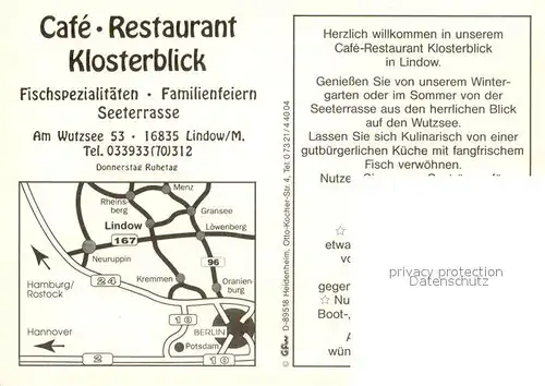 AK / Ansichtskarte Lindow_Mark Cafe Restaurant Klosterblick Gastraum Wutzsee Lindow Mark