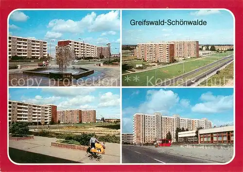 AK / Ansichtskarte Greifswald Neubaugebiet Schoenwalde Brunnen Hochhaeuser Sporthalle Greifswald