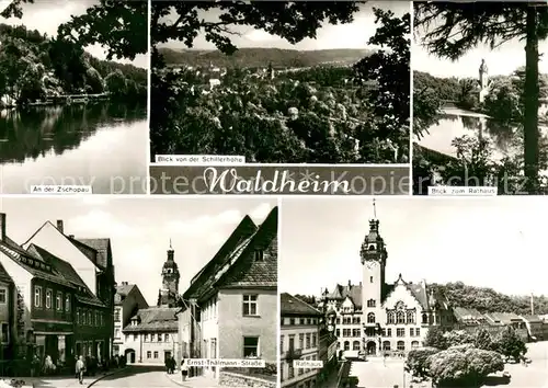 AK / Ansichtskarte Waldheim_Sachsen An der Zschopau Blick von der Schillerhoehe Rathausblick Ernst Thaelmann Strasse Rathaus Waldheim Sachsen