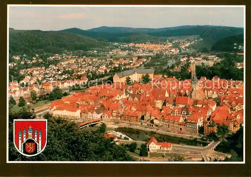 AK / Ansichtskarte Hann._Muenden Panorama Blick von der Tillyschanze auf die Altstadt Wappen Hann. Muenden