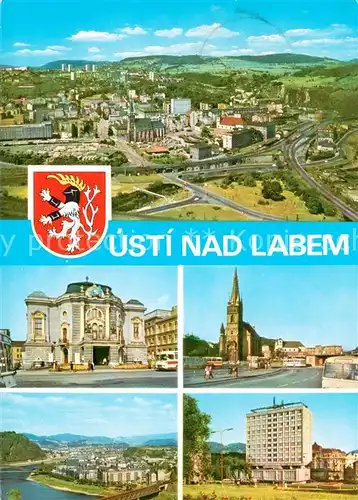 AK / Ansichtskarte Usti_nad_Labem Stadtpanorama Sehenswuerdigkeiten Kirche Hochhaus Hotel Wappen Usti_nad_Labem