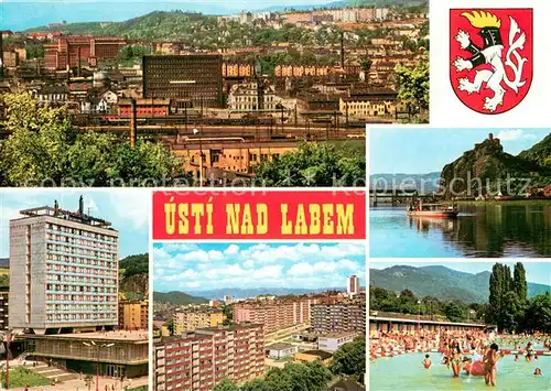 AK / Ansichtskarte Usti_nad_Labem Stadtpanorama Schloss Strekov Interhotel Bohemia Wohnsiedlung Thermalbad Wappen Usti_nad_Labem