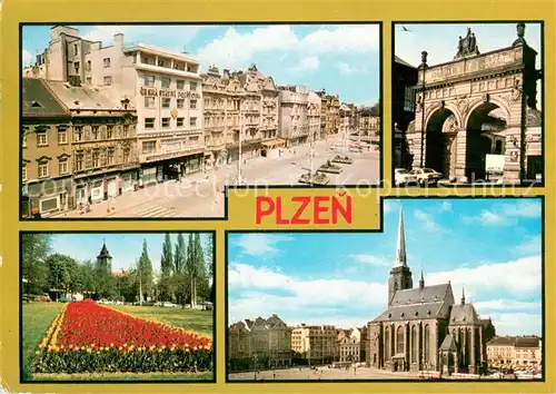 AK / Ansichtskarte Plzen_Pilsen Motive Innenstadt Kirche Park Blumenbeet Plzen Pilsen