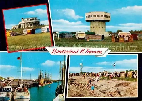 AK / Ansichtskarte Wremen Hotel Aussichtturm Fischerboote Strand Wremen