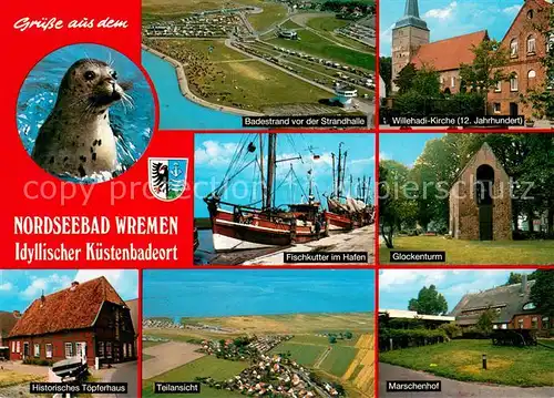 AK / Ansichtskarte Wremen Badestrand vor der Strandhalle Willehadi Kirche Fischkutter Glockenturm Toepferhaus Teilansicht Marschenhof Wremen