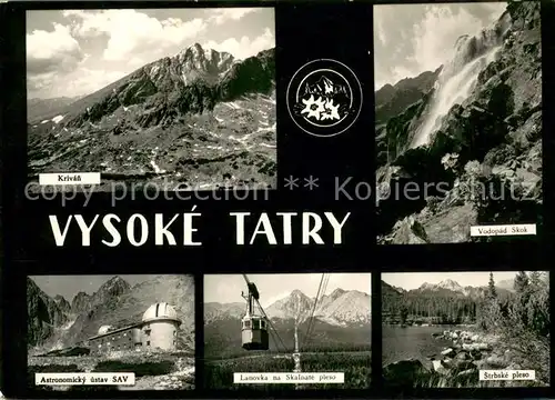 AK / Ansichtskarte Vysoke_Tatry Kriva Vodopad Skok Astronomicky ustav SAV Lanovka na Skalnate pleso Strbske pleso Gebirgspanorama Tatra Observatorium Bergbahn Vysoke Tatry