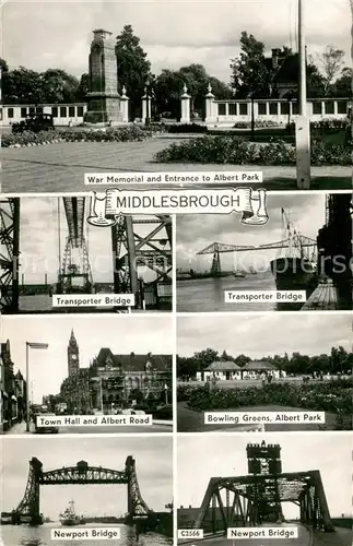 AK / Ansichtskarte Middlesbrough War Memorial Entrance to Albert Park Transporter Bridge Town Hall Albert Road Bowling Greens Newport Bridge 