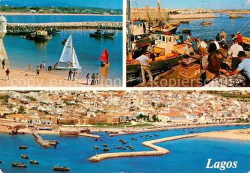 AK / Ansichtskarte Lagos_Algarve_Portugal Hafenstadt Fliegeraufnahme Strand Fischerhafen Fischkutter 
