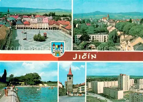 AK / Ansichtskarte Jicin Gottwaldovo namesti Pohled na mesto ze Sportovniho arealu Koupaliste Valdicka brana Nova vystavba Jicin