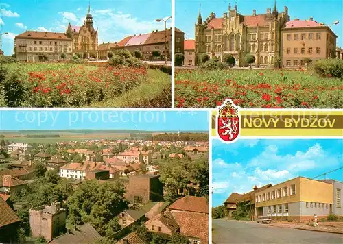 AK / Ansichtskarte Novy_Bydzov Hotel Lev s budovou spolitelny Pseudogoticka radnice Pohled na mesto Sokolovna Novy Bydzov