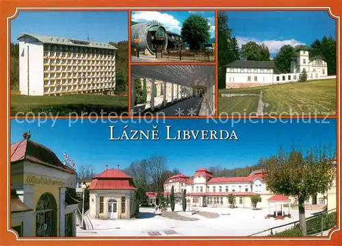 AK / Ansichtskarte Lazne_Libverda Lazensky penzion Novy dum Vyletni restaurace Obri sud Kryta kolonada Lazensky penzion Frydlant Kolonada Lazne Libverda