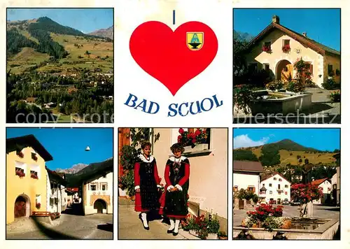 AK / Ansichtskarte Bad_Scuol Panorama Orts und Teilansichten Folklore Brunnen Bad_Scuol