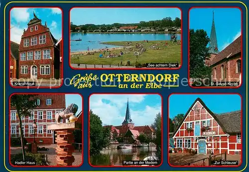 AK / Ansichtskarte Otterndorf_Niederelbe Kranichhaus See achtern Diek St Severi Kirche Hadler Haus Medempartie Zur Schleuse Otterndorf Niederelbe