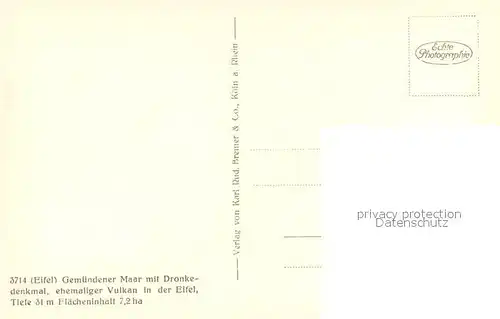 AK / Ansichtskarte Daun_Eifel Gemuendener Maar mit Dronkedenkmal ehemaliger Vulkan Daun_Eifel