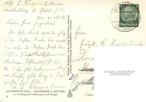 AK / Ansichtskarte Schwaebisch_Hall Stadtkirche Sankt Michael mit Fischbrunnen und Pranger Schwaebisch Hall