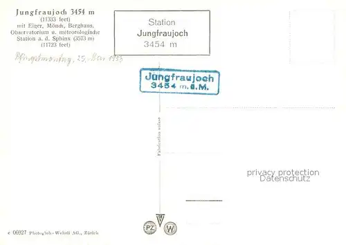 AK / Ansichtskarte Jungfraujoch mit Eiger Moench Berghaus Observatorium und meteorologische Station an der Sphinx Jungfraujoch