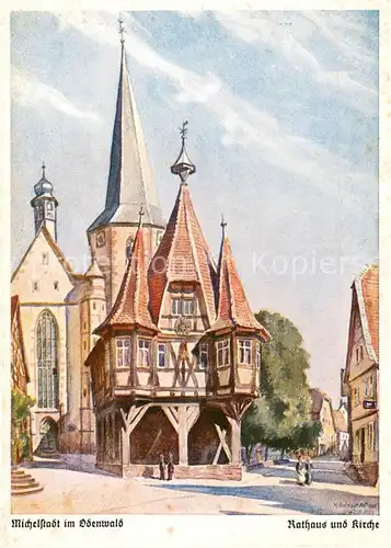 AK / Ansichtskarte Michelstadt Rathaus und Kirche Kuenstlerkarte Michelstadt