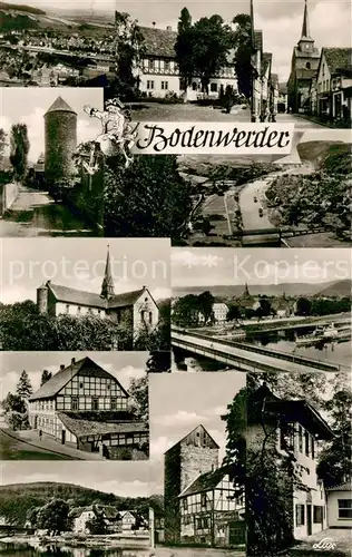 AK / Ansichtskarte Bodenwerder Stadtansichten Alte Haeuser Fachwerkhaeuser Turm Kirche Weser Bruecke Bodenwerder