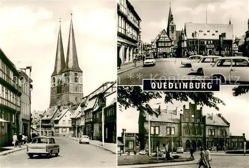 AK / Ansichtskarte Quedlinburg Poelkenstrasse und Nikolaikirche Markt Rathaus Bahnhof Quedlinburg