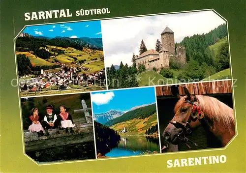 AK / Ansichtskarte Sarnthein Panorama Schloss Reineck Trachtenkinder Durnholzer See Alpen Haflinger Pferde Sarnthein