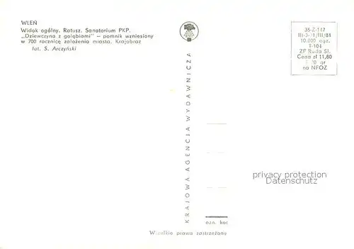 AK / Ansichtskarte Wlen_Schlesien Widok Ogolny Ratusz Sanatorium PKP Dziewczyna z golebiami pomnik wzniesiony w 700 racznice zalazenia miasta Krajobraz 