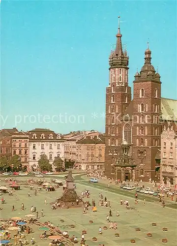 AK / Ansichtskarte Krakow_Krakau Rynek Glowny kosciol Mariacki i pomnik Adama Mickiewicza Krakow Krakau