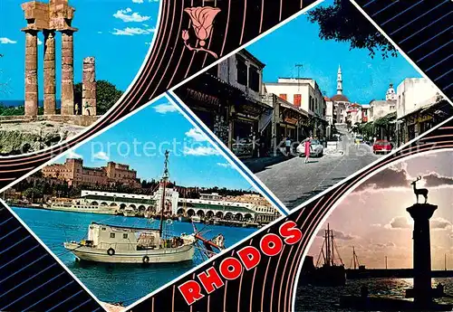 AK / Ansichtskarte Rhodos_Rhodes_aegaeis Tempelruine Strassenpartie Fischerkahn Rhodos_Rhodes_aegaeis