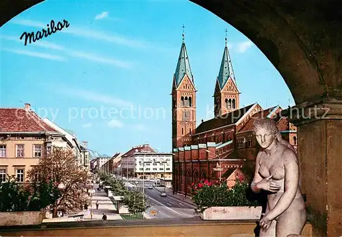 AK / Ansichtskarte Maribor_Marburg_Drau Stadtansicht mit Kirche und Statue Maribor_Marburg_Drau