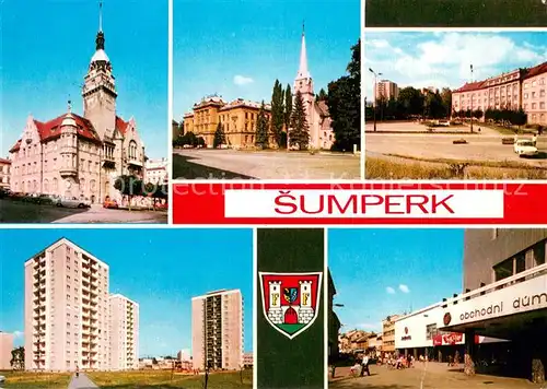 AK / Ansichtskarte Sumperk Radnice Stredni ekonomicka skola Nova vystavba Obchodni dum Jednota Sumperk