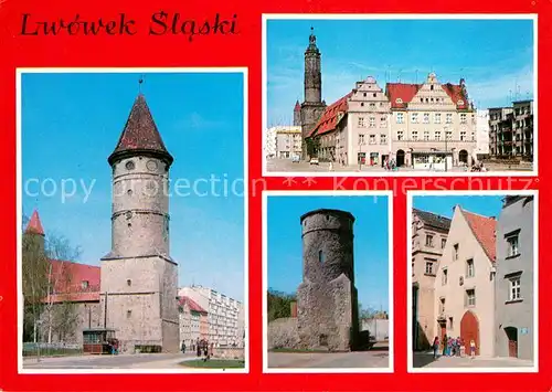 AK / Ansichtskarte Lwowek_Slaski Baszta bramy Lubanskiej Fragment Rynku Baszta bramy Boleslawieckiej Budynek dawnych law chlebowych Lwowek_Slaski