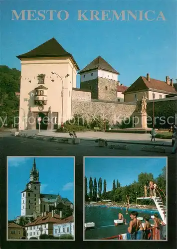 AK / Ansichtskarte Kremnica Namesti SNP a komplex barbakanu pred Doinou branou Mestsky hrad s kostolom sv Katariny Termaine kupaliske Kremnica