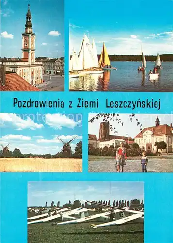 AK / Ansichtskarte Pozdrowienia Barokowy Ratusz Jezioro Dominickie Wiatraki kozlaki Gostyn Ryne z ratuszem gotycki kosciol Centrum Szybowcowe Pozdrowienia