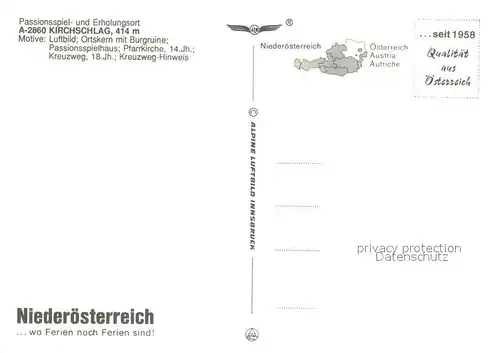 AK / Ansichtskarte Kirchschlag_Buckligen_Welt Fliegeraufnahme Ortskern mit Burgruine Passionsspielhaus Pfarrkirche Kreuzweg Hinweis Kirchschlag_Buckligen