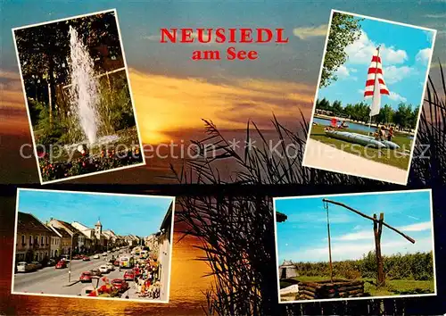 AK / Ansichtskarte Neusiedl_See Springbrunnen Teilansicht mit Liegewiese Hauptstrasse Ziebrunnen mit Schilfhuette Neusiedl See