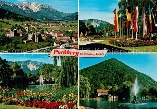 AK / Ansichtskarte Puchberg_Schneeberg Panorama Fahnen der Gaestenationen Motiv im Kurpark Parkcafe gegen Himberg Puchberg Schneeberg