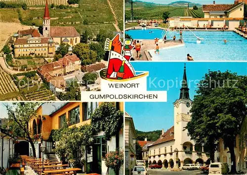 AK / Ansichtskarte Gumpoldskirchen_Niederoesterreich Kirche Schwimmbad Schwanenteich Gumpoldskirchen