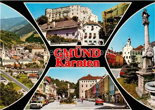 AK / Ansichtskarte Gmuend_Kaernten Panorama Burgruine Ortspartien Denkmal Gmuend Kaernten