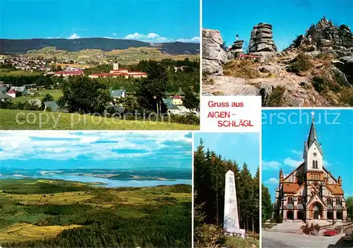 AK / Ansichtskarte Aigen_Schlaegl Panorama mit Baerenstein Moldaublick Adalbert Stifter Denkmal Pfarrkirche Aigen Schlaegl