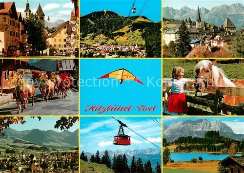 AK / Ansichtskarte Kitzbuehel_Tirol Vorderstadt Hornbahn Wilder Kaiser Almabtrieb Drachen Haflinger Hahnenkammbahn Schwarzsee Kitzbuehel Tirol