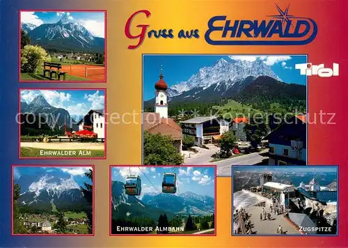 AK / Ansichtskarte Ehrwald_Tirol Tennisplatz Ehrwalder Alm Panorama Seilbahn Zugspitze Kirche Ehrwald Tirol