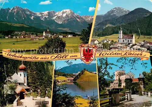 AK / Ansichtskarte Soell_Tirol am Wilden Kaiser mit Hoher Salve Stampfanger Waldkirchlein Campingplatz Badestrand am Moorsee Schloss Itter Soell_Tirol