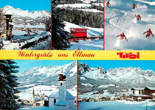 AK / Ansichtskarte Ellmau_Tirol am Wilden Kaiser Bergbahn Kirche Panorama Skifahrer Ellmau Tirol