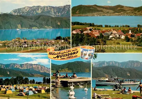 AK / Ansichtskarte Nussdorf_Attersee Panorama Campingplatz Strand Fahrgastschiff Nussdorf Attersee