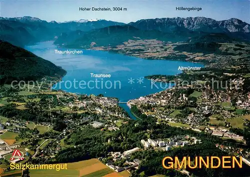 AK / Ansichtskarte Gmunden_Salzkammergut Fliegeraufnahme mit Traunsee Hoher Dachstein Hoellengebirge Gmunden Salzkammergut