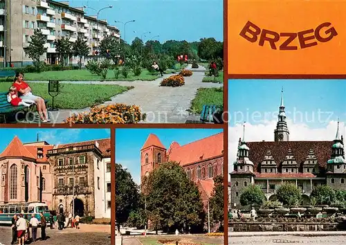 AK / Ansichtskarte Brzeg_Brieg_Schlesien Ulica Wladyslawa Jagielly Kaplica sw Jadwigi Gotycki kosciol sw Mikolaja Renesansowy ratusz Brzeg_Brieg_Schlesien