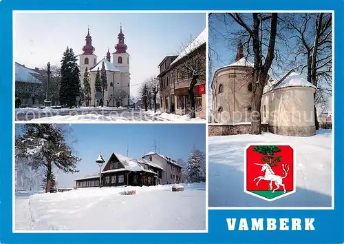 AK / Ansichtskarte Vamberk_Wamberg Husovo namesti Chata Na vyhlidce Kostel sv. Barbory s hrobbkou hr. Luetzowa Wappen Vamberk Wamberg