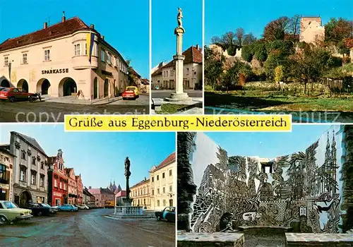 AK / Ansichtskarte Eggenburg_Niederoesterreich Hauptplatz Sparkasse Pranger Stadtmauer Schloss Giebelhaeuser Turm des Friedens Eggenburg